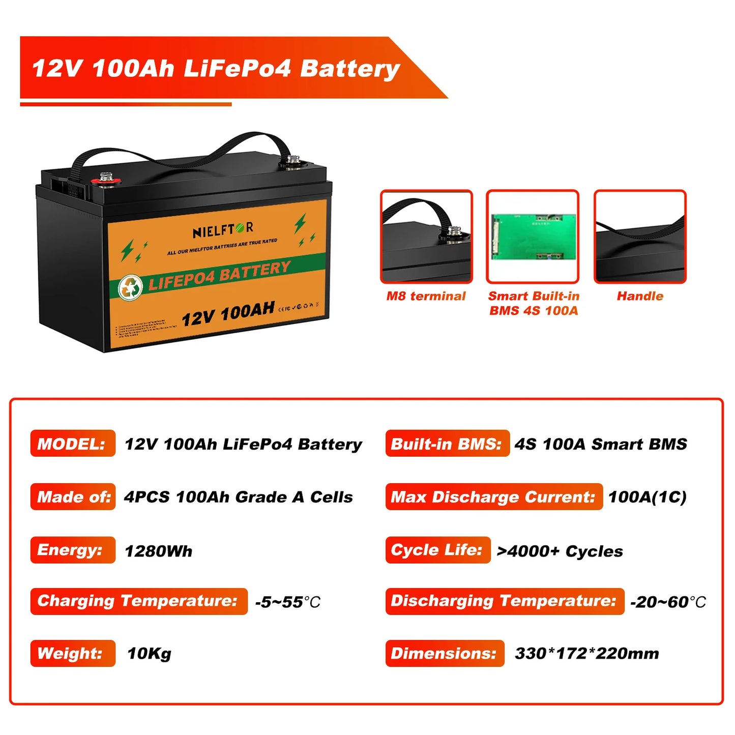 Batterie LiFePO4 12V 24V 48V 100Ah 200Ah 300Ah, BMS intégré, cellules de qualité A, 6000 + Cycle PL, Stock ue