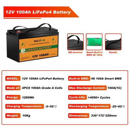Batterie LiFePO4 12V 24V 48V 100Ah 200Ah 300Ah, BMS intégré, cellules de qualité A, 6000 + Cycle PL, Stock ue