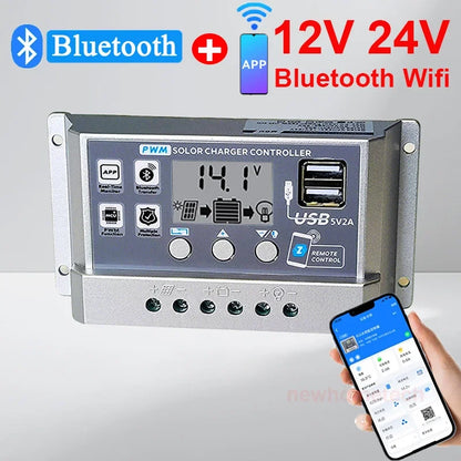 Contrôleur de Charge solaire PWM Wifi Bluetooth 10A 30A 60A 12V 24V, déchargeur de Charge double USB automatique, régulateur de panneau solaire, écran LCD