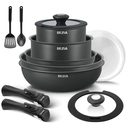 Batterie de cuisine à induction 13 pièces, ensemble de casseroles et poêles antiadhésives avec poignées amovibles, pour toutes les plaques de cuisson, conception empilable pour camping-car