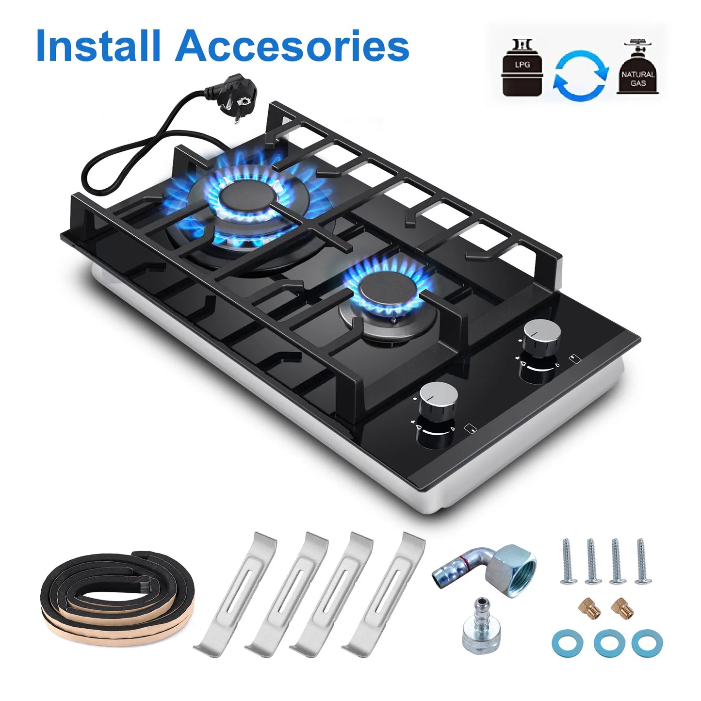 Plaque de cuisson à gaz à 2 brûleurs certifiée UE 30 cm en verre trempé |   Encasquette avec support en fonte double carburant (NG/GLP) 5200 W en cas de panne de flamme noir