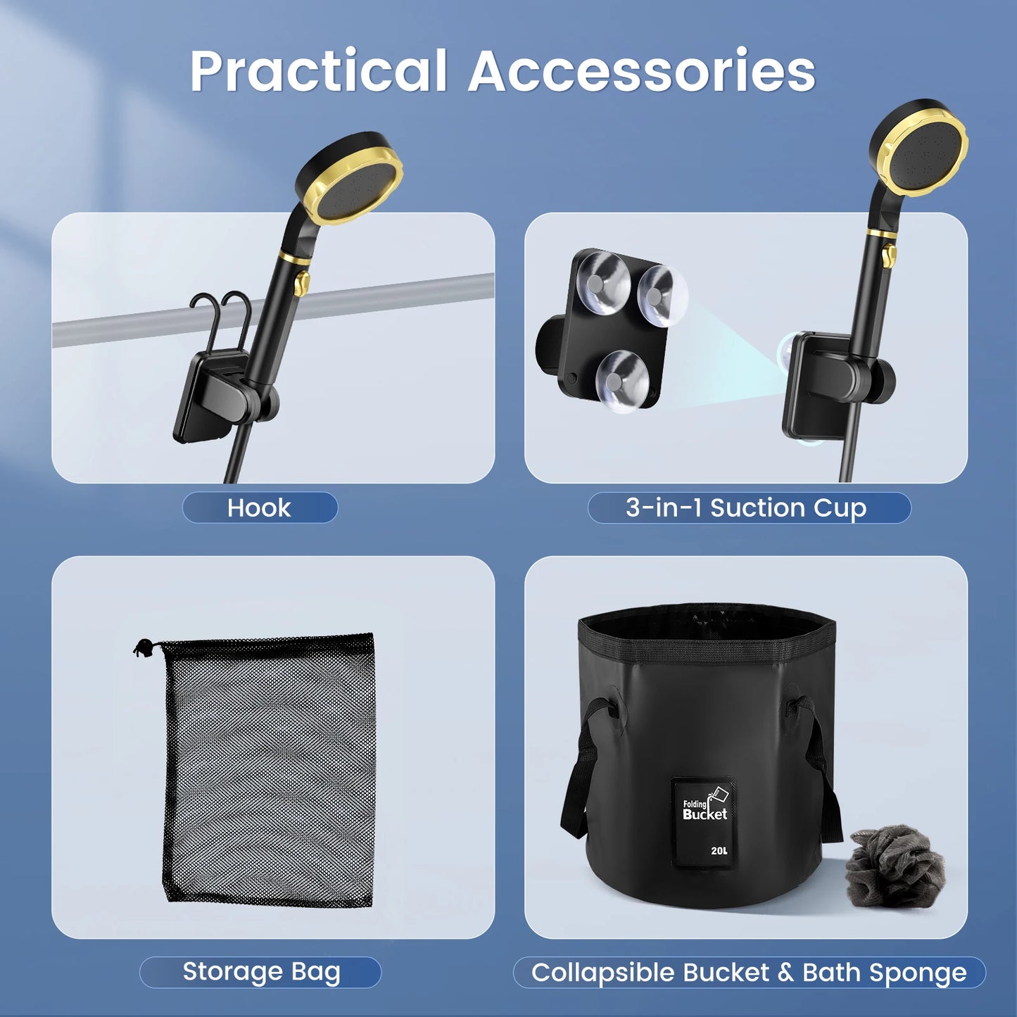 Douche de camping portable avec pompe rechargeable 6000 mAh et sac pliable 20 L Kit de douche extérieure pour voyage, jardin et lavage de voiture