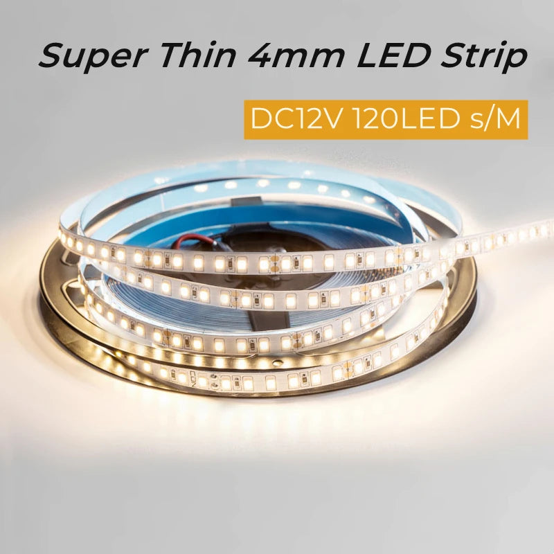 Bande Lumineuse LED Étroite PCB Super Mince, Ruban Flexible, Blanc Chaud/Naturel/Froid, DC12V SMD2835, 120 Diodes/m, 5m/Rouleau, 4mm