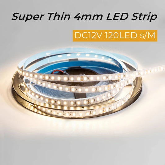 Bande Lumineuse LED Étroite PCB Super Mince, Ruban Flexible, Blanc Chaud/Naturel/Froid, DC12V SMD2835, 120 Diodes/m, 5m/Rouleau, 4mm