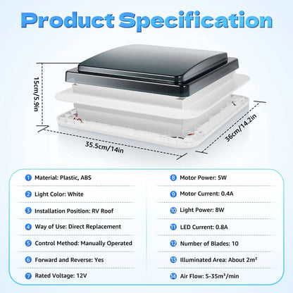 Ventilateur de toit pour camping-car, 11 pouces, 12V, avec lumière LED et filet anti-insectes, contrôle manuel, ventilateur d'extraction de plafond, couvercle de fumée, IP68