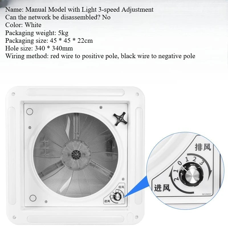 Ventilateur de ventilation pour camping-car avec lumière LED, ventilateur de toit pour camping-car, 3/6 vitesses réversibles, évent de salle de bain 12V/24V pour remorque, camping-car, Van