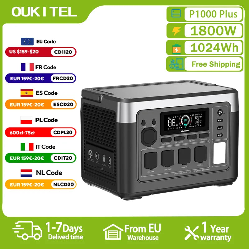 OUKITEL P1000 PLUS centrale électrique Portable 1800W générateur solaire 1024Wh Lifepo4 batterie de secours à domicile Camping en plein air puissance Mobile