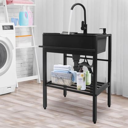 Ensemble d'évier de cuisine rectangulaire autoportant moderne en acier inoxydable 201 noir 60x45x86cm avec accessoires