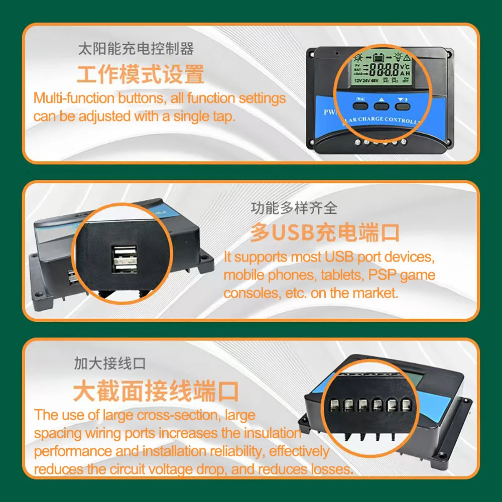 Contrôleur de Charge solaire 10A 20A 30A 12V 24V 48V, régulateur PV PWM, contrôleur de Charge et de décharge solaire pour Lifepo4, Lithium, plomb et acide