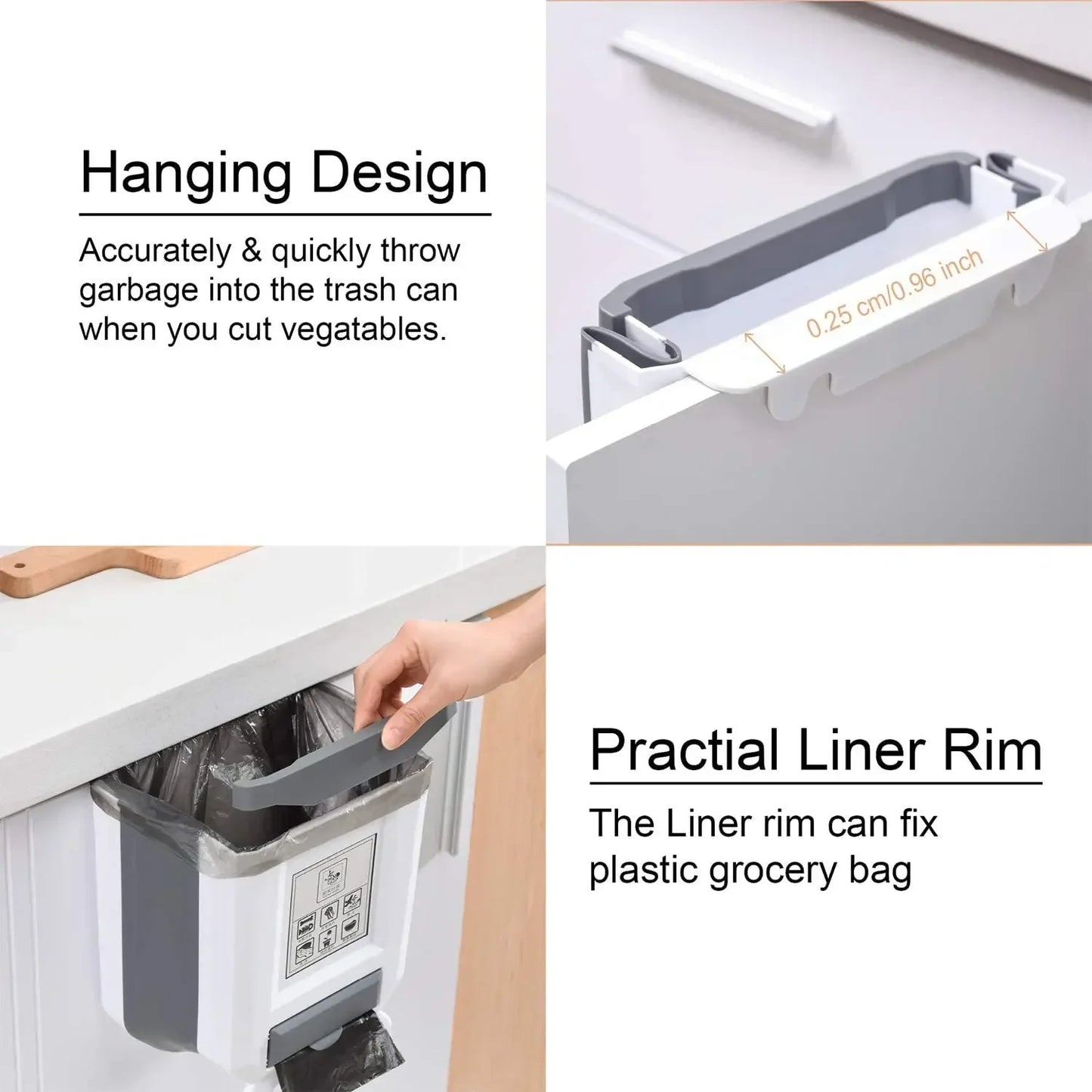 Poubelle pliable murale mince avec sac poubelle, conteneur en plastique suspendu pour cuisine et salle de bains, 7l/10l