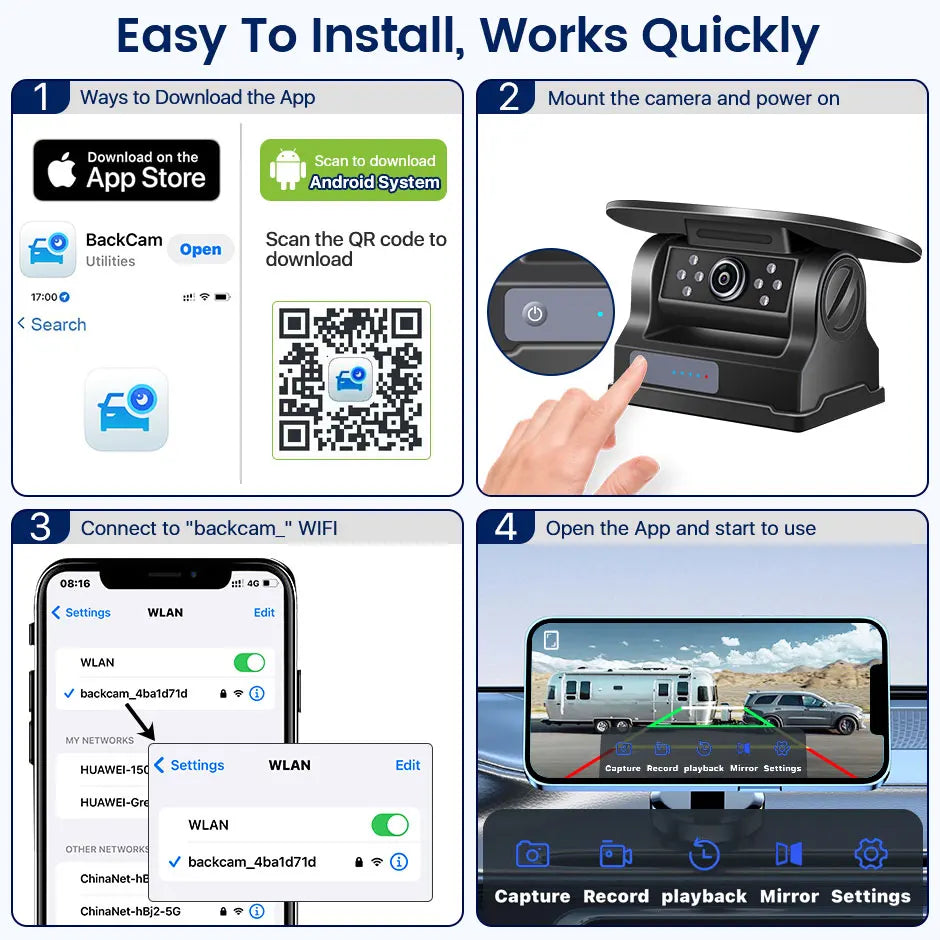 GreenYi 5G WiFi HD caméra solaire de voiture 100M Base magnétique sans fil AI alarme d'angle mort secours pour Bus Van camion RV vue avant arrière