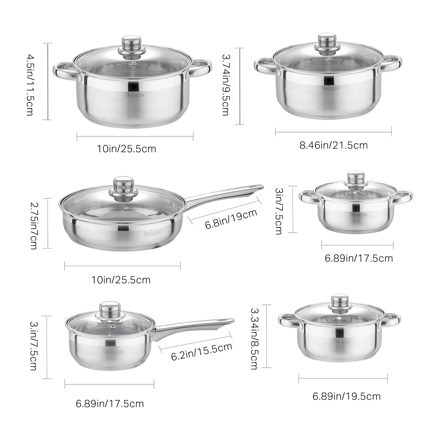 Velaze – ensemble d'ustensiles de cuisine, ensemble de 12 pièces, casseroles et poêles en acier inoxydable, sans danger pour l'induction, casserole, Casserole, avec couvercle en verre