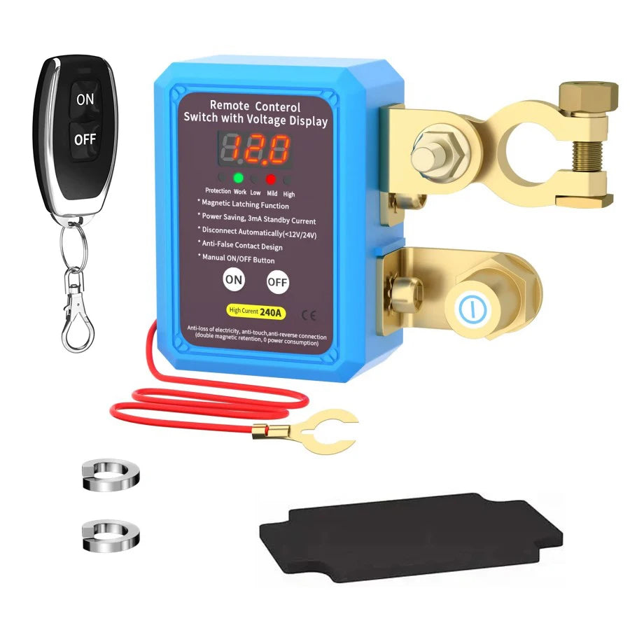 Interrupteur principal de batterie automatique avec télécommande, interrupteur d'arrêt 240A, interrupteur de déconnexion de batterie à distance 12V avec affichage de tension Led automatique