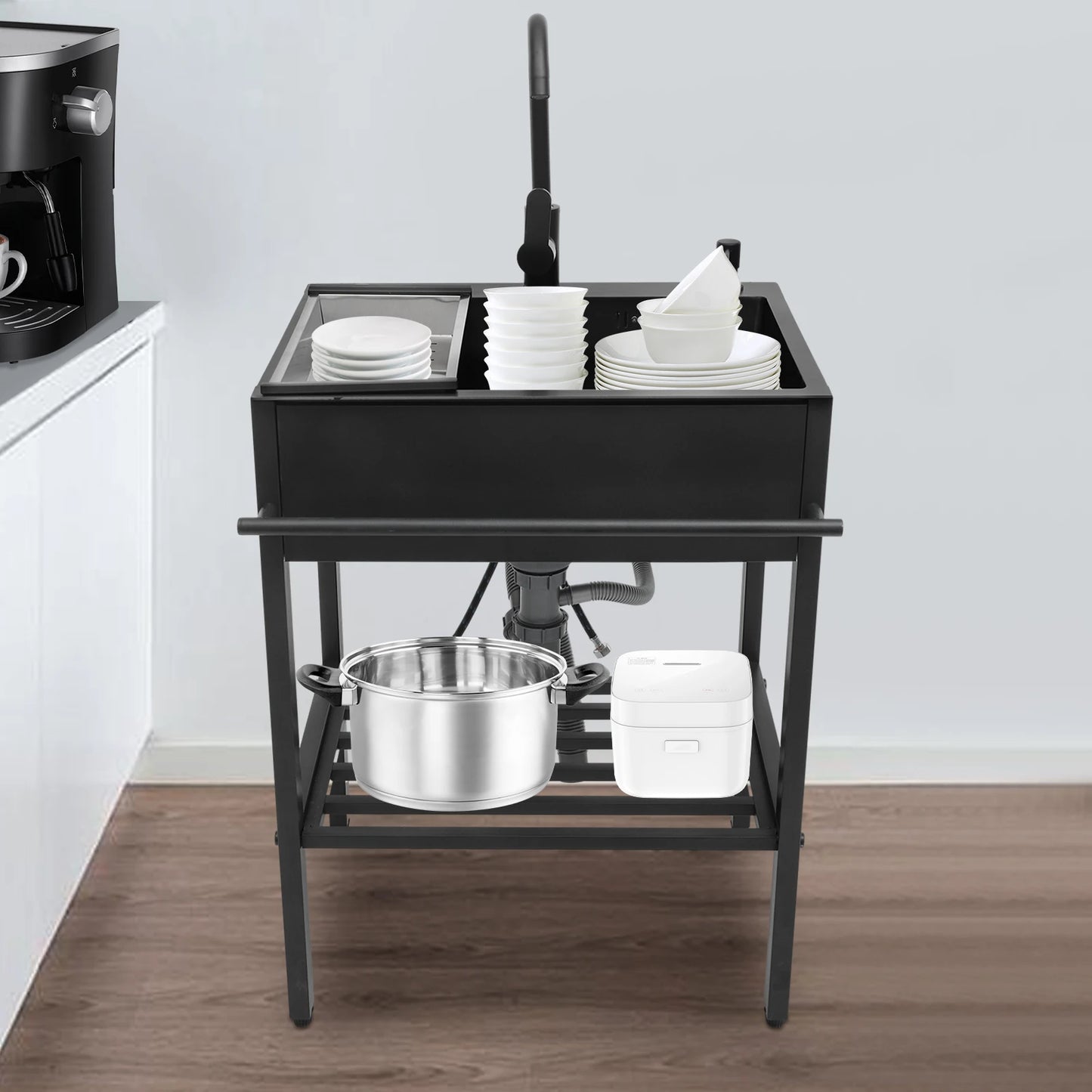 Ensemble d'évier de cuisine rectangulaire autoportant moderne en acier inoxydable 201 noir 60x45x86cm avec accessoires