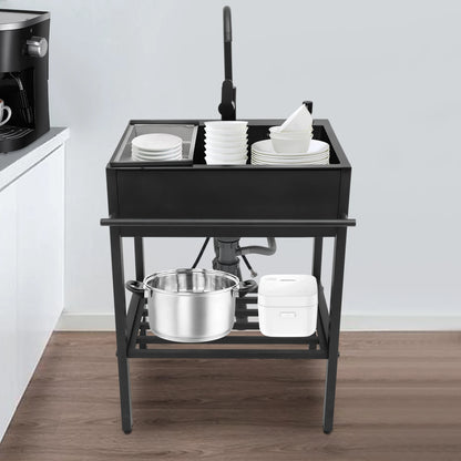 Ensemble d'évier de cuisine rectangulaire autoportant moderne en acier inoxydable 201 noir 60x45x86cm avec accessoires