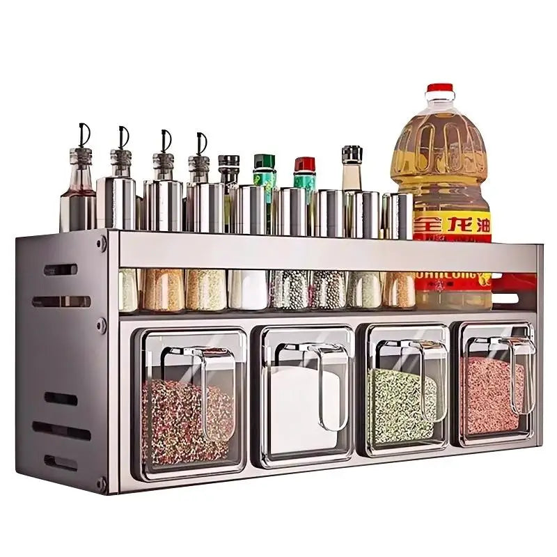 1 étagère d'assaisonnement de cuisine équipée, sans perçage, tenture murale, comptoirs, armoires, étagère de rangement d'assaisonnement multifonctionnelle