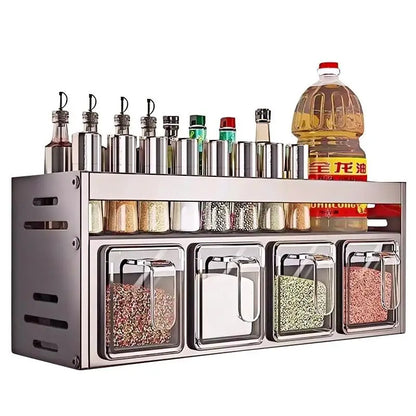 1 étagère d'assaisonnement de cuisine équipée, sans perçage, tenture murale, comptoirs, armoires, étagère de rangement d'assaisonnement multifonctionnelle