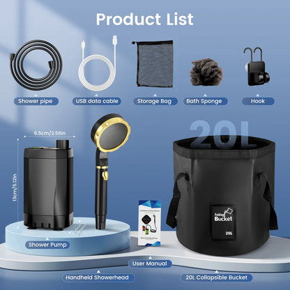 Douche de camping portable avec pompe rechargeable 6000 mAh et sac pliable 20 L Kit de douche extérieure pour voyage, jardin et lavage de voiture