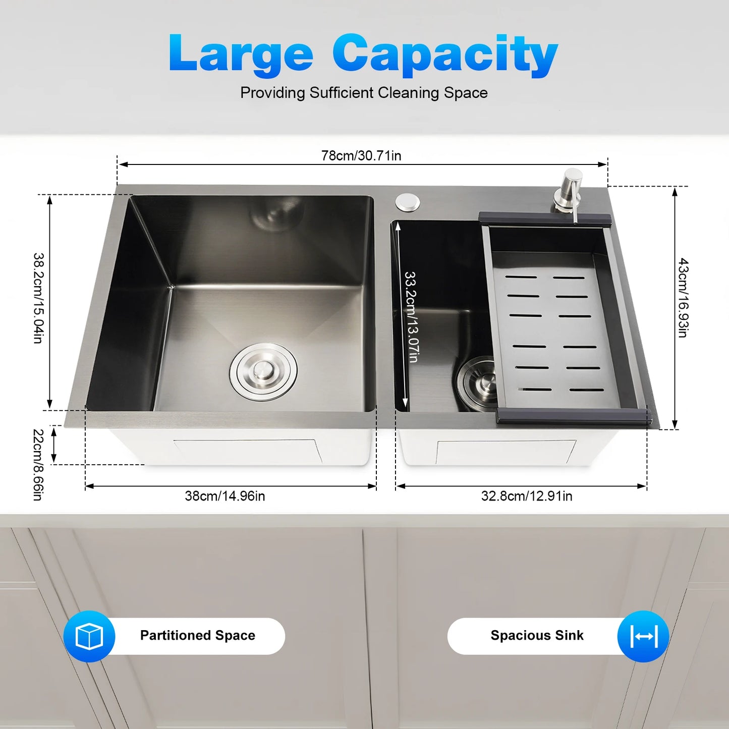 Évier de cuisine moderne en acier inoxydable, diamant noir 7843PB, double évier, égouttoir + distributeur de savon pour nettoyer la vaisselle et les légumes