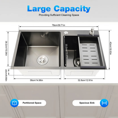 Évier de cuisine moderne en acier inoxydable, diamant noir 7843PB, double évier, égouttoir + distributeur de savon pour nettoyer la vaisselle et les légumes