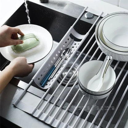 Accessoires de cuisine, égouttoir à vaisselle enroulable 304, étagère d'évier pliable en acier inoxydable, organisateur de rangement de cuisine, égouttoir d'assiettes de bol