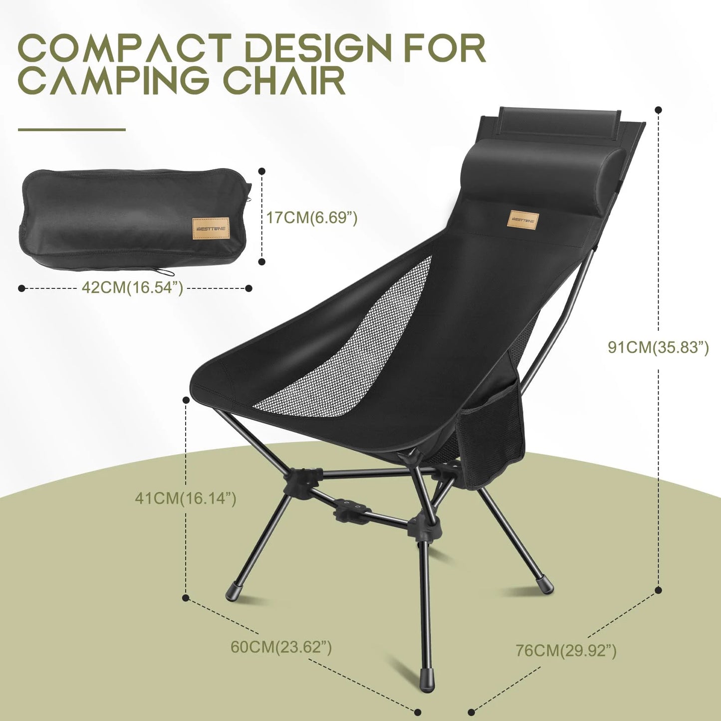 WESTTUNE Chaise de camping pliante légère à dossier haut avec support de tête Chaise longue de plage de pique-nique de voyage en plein air compacte portable