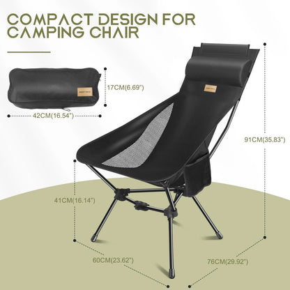 WESTTUNE Chaise de camping pliante légère à dossier haut avec support de tête Chaise longue de plage de pique-nique de voyage en plein air compacte portable