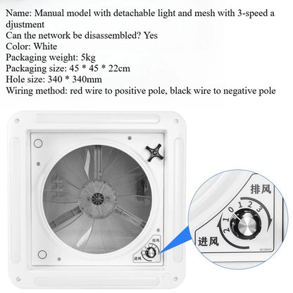 Ventilateur de ventilation pour camping-car avec lumière LED, ventilateur de toit pour camping-car, 3/6 vitesses réversibles, évent de salle de bain 12V/24V pour remorque, camping-car, Van