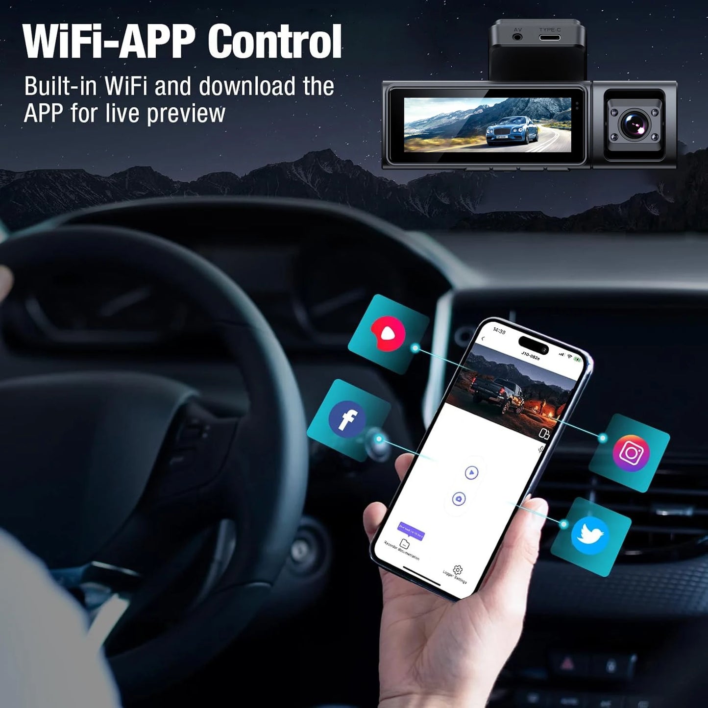 Caméra de tableau de bord Triple 4K, GPS, avant, intérieure et arrière, WiFi, 3CH, pour voiture, avec contrôle par application, Vision nocturne, Mode stationnement 24H, enregistrement en boucle