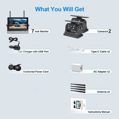 Caméra de recul magnétique sans fil pour remorque, HD 1080P, caméra solaire, longue durée de vie de la batterie, moniteur statique de 7 pouces