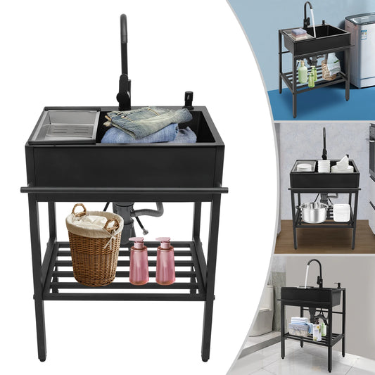 Ensemble d'évier de cuisine rectangulaire autoportant moderne en acier inoxydable 201 noir 60x45x86cm avec accessoires