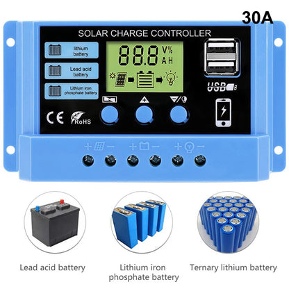 Régulateur solaire 12V/24V 30A 20A 10A, chargeur de batterie PWM, affichage LCD, double sortie USB 5V, contrôleur solaire