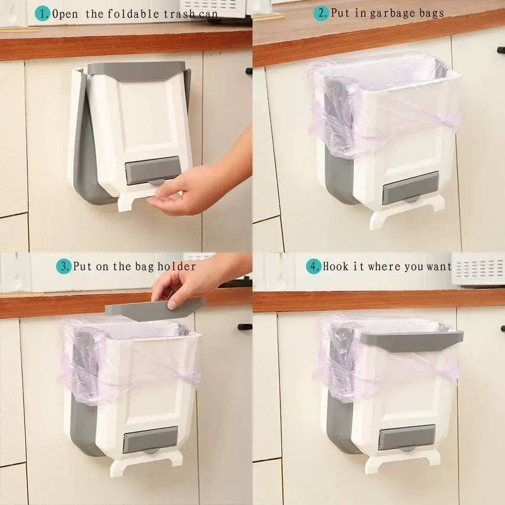 Poubelle pliable murale mince avec sac poubelle, conteneur en plastique suspendu pour cuisine et salle de bains, 7l/10l