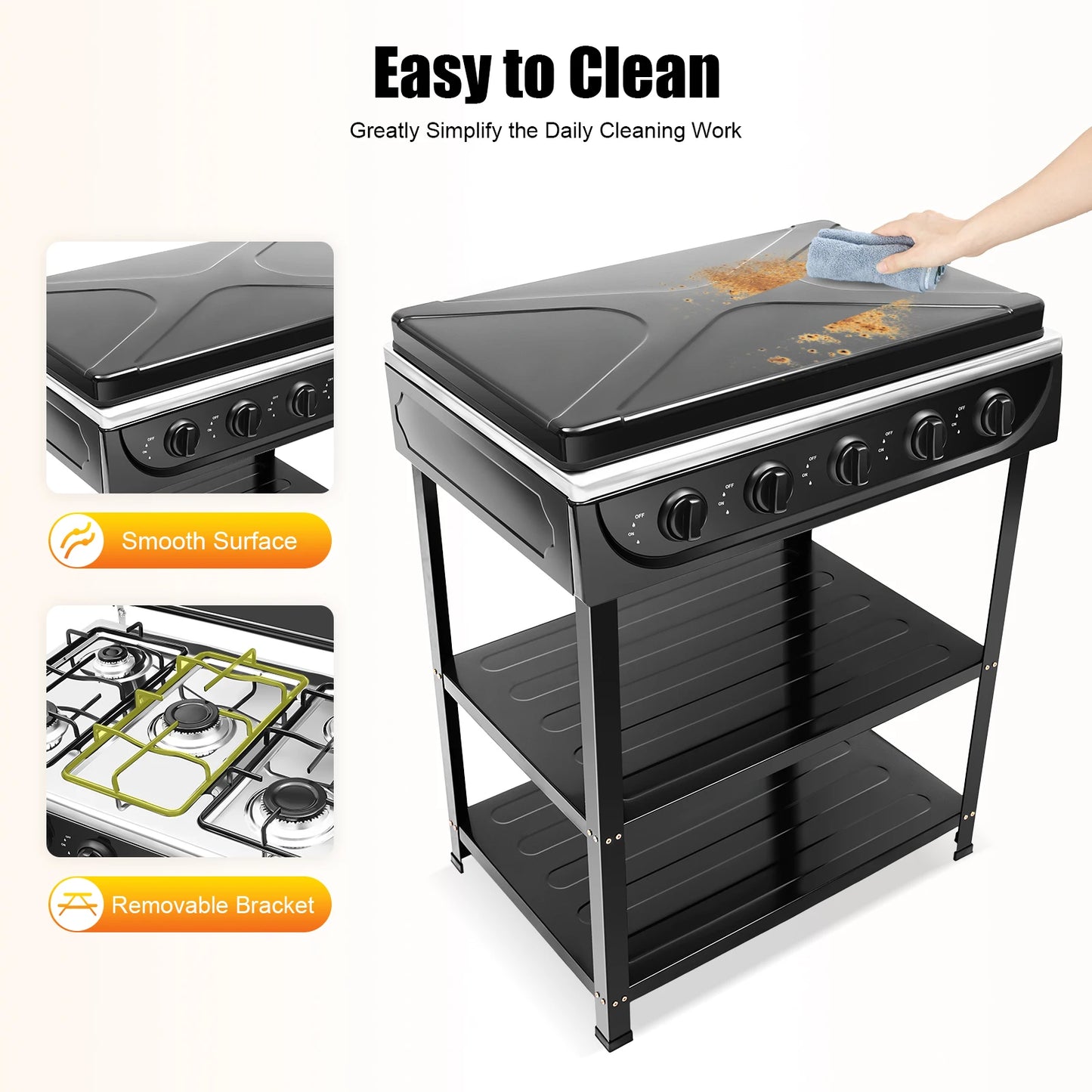 Cuisinière à gaz propano à 5 brûleurs, réchaud de camping à contrôle indépendant de 2,5 kW avec support de jambe et blocage du vent