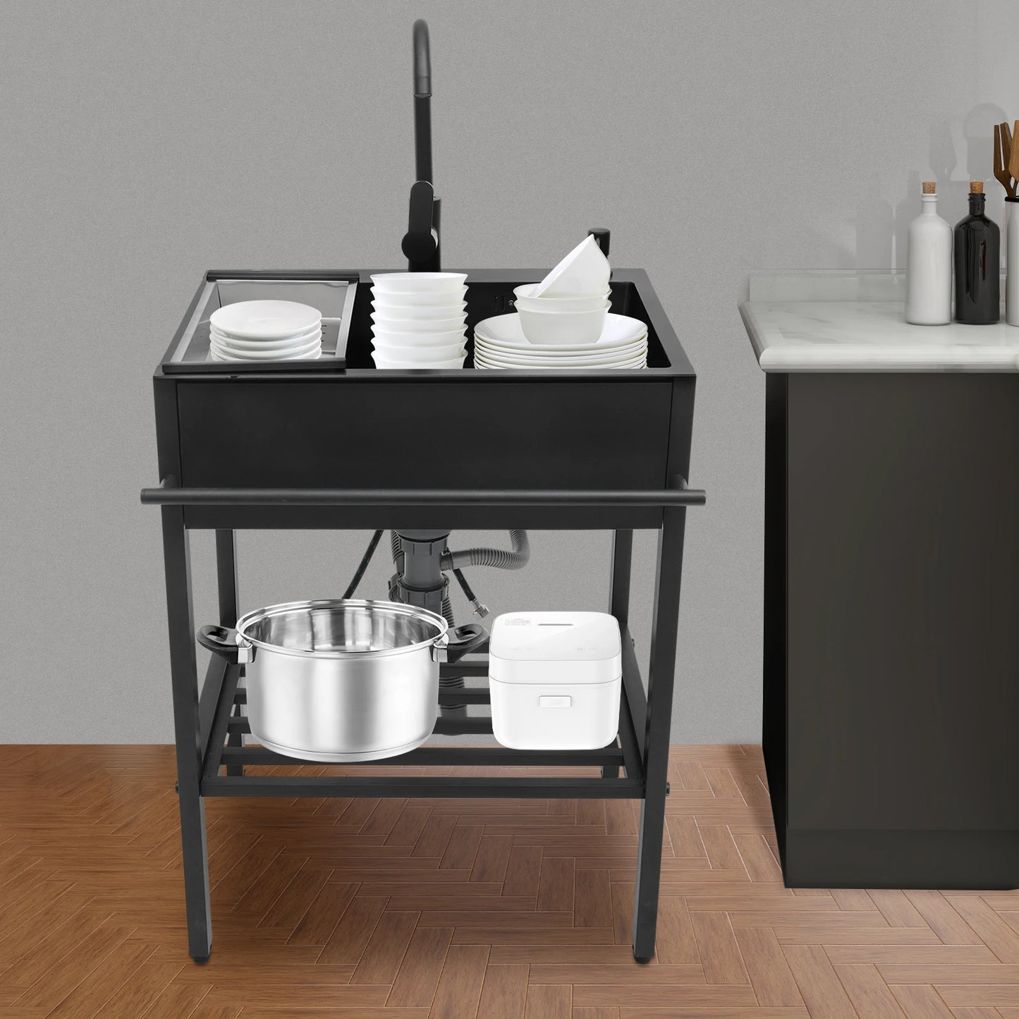 Ensemble d'évier de cuisine rectangulaire autoportant moderne en acier inoxydable 201 noir 60x45x86cm avec accessoires