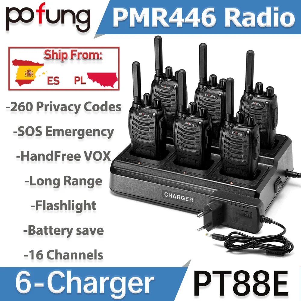 Pofung PT88E talkie-walkie PMR446 Radio bidirectionnelle 16 canaux talkie-walkie longue portée avec chargeur 6 voies écouteurs VOX