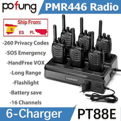 Pofung PT88E talkie-walkie PMR446 Radio bidirectionnelle 16 canaux talkie-walkie longue portée avec chargeur 6 voies écouteurs VOX