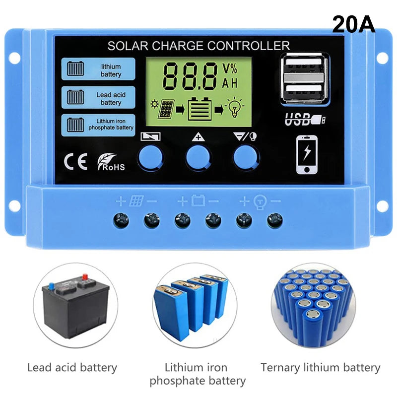 Régulateur solaire 12V/24V 30A 20A 10A, chargeur de batterie PWM, affichage LCD, double sortie USB 5V, contrôleur solaire