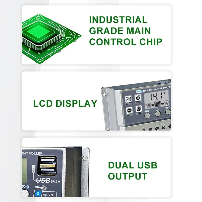 Contrôleur de Charge solaire PWM Wifi Bluetooth 10A 30A 60A 12V 24V, déchargeur de Charge double USB automatique, régulateur de panneau solaire, écran LCD