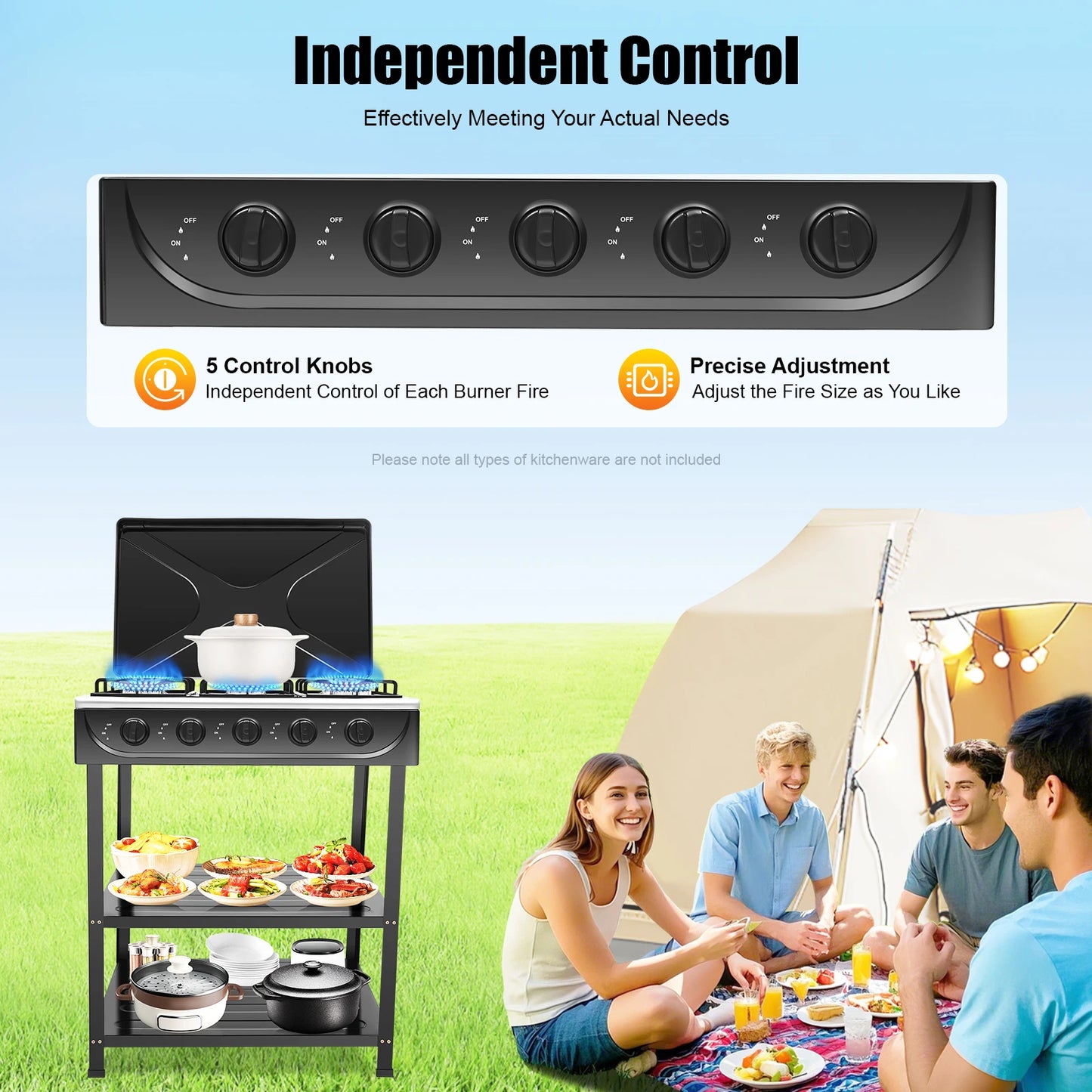 Cuisinière à gaz propano à 5 brûleurs, réchaud de camping à contrôle indépendant de 2,5 kW avec support de jambe et blocage du vent