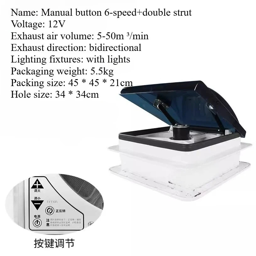 Ventilateur de ventilation pour camping-car avec lumière LED, ventilateur de toit pour camping-car, 3/6 vitesses réversibles, évent de salle de bain 12V/24V pour remorque, camping-car, Van