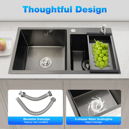 Évier de cuisine moderne en acier inoxydable, diamant noir 7843PB, double évier, égouttoir + distributeur de savon pour nettoyer la vaisselle et les légumes