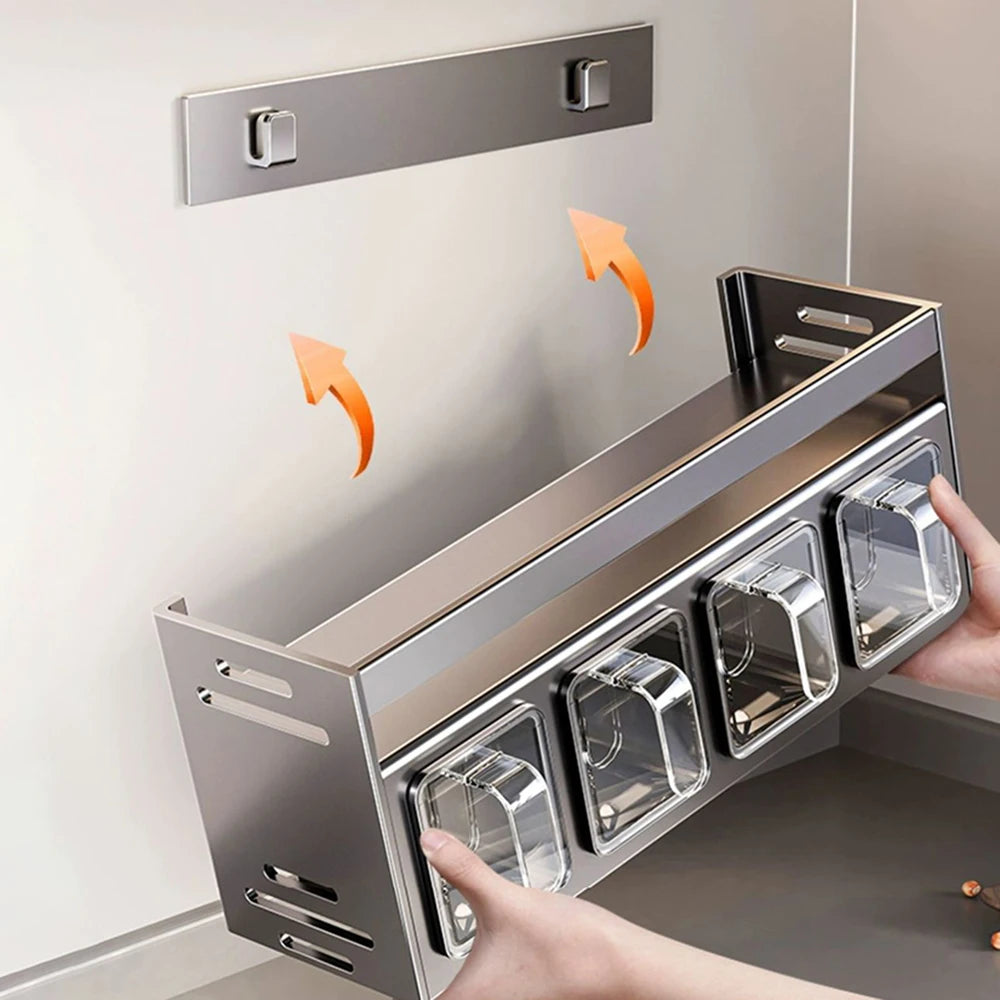 1 étagère d'assaisonnement de cuisine équipée, sans perçage, tenture murale, comptoirs, armoires, étagère de rangement d'assaisonnement multifonctionnelle