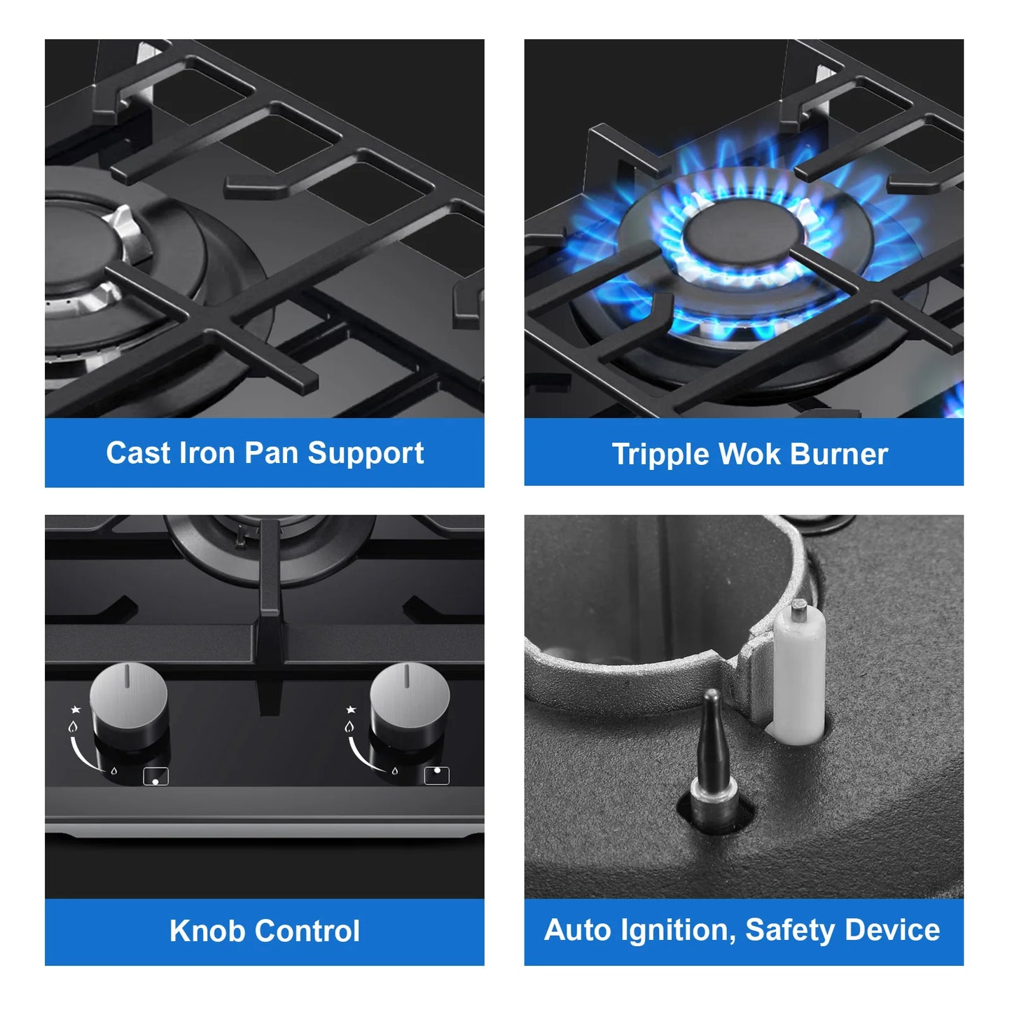 Plaque de cuisson à gaz à 2 brûleurs certifiée UE 30 cm en verre trempé |   Encasquette avec support en fonte double carburant (NG/GLP) 5200 W en cas de panne de flamme noir
