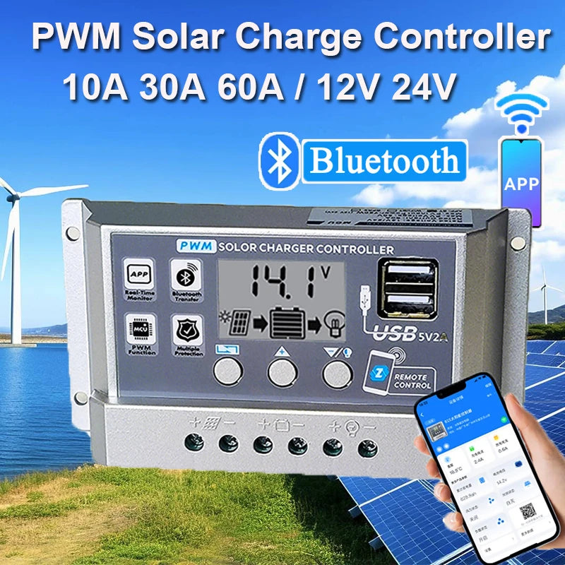 Contrôleur de Charge solaire PWM Wifi Bluetooth 10A 30A 60A 12V 24V, déchargeur de Charge double USB automatique, régulateur de panneau solaire, écran LCD