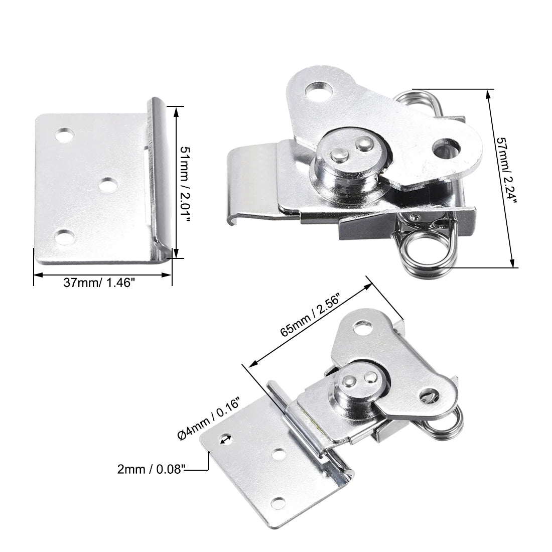 Loquet papillon à ressort en fer argenté, loquets torsadés, boîte de serrage, serrure à distance, 57x65mm, 65x66mm, 2 pièces