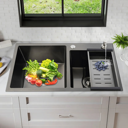 Évier de cuisine moderne en acier inoxydable, diamant noir 7843PB, double évier, égouttoir + distributeur de savon pour nettoyer la vaisselle et les légumes