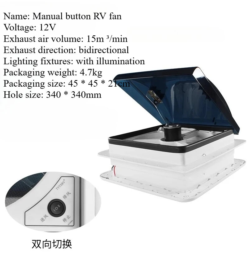 Ventilateur de ventilation pour camping-car avec lumière LED, ventilateur de toit pour camping-car, 3/6 vitesses réversibles, évent de salle de bain 12V/24V pour remorque, camping-car, Van