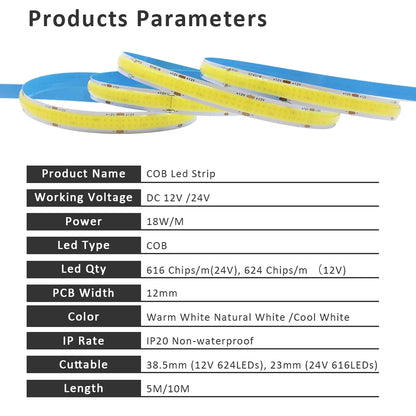 Bande LED COB DC12V 24V, Super brillante, Double rangée, 616/624 LED s/m, Flexible, variable, éclairage à bande RA90, 3000K 4000K 6500K