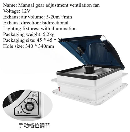 Ventilateur de ventilation pour camping-car avec lumière LED, ventilateur de toit pour camping-car, 3/6 vitesses réversibles, évent de salle de bain 12V/24V pour remorque, camping-car, Van
